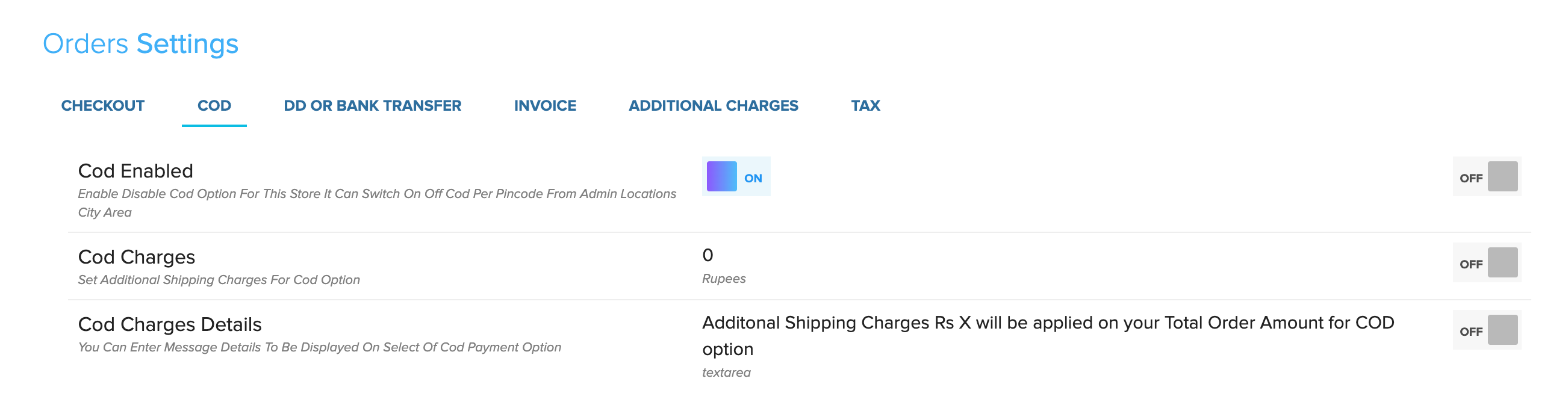 Store Manager COD settings with Cod Enabled switched on, a COD Charges amount in rupees and the message shown to customers who pick COD