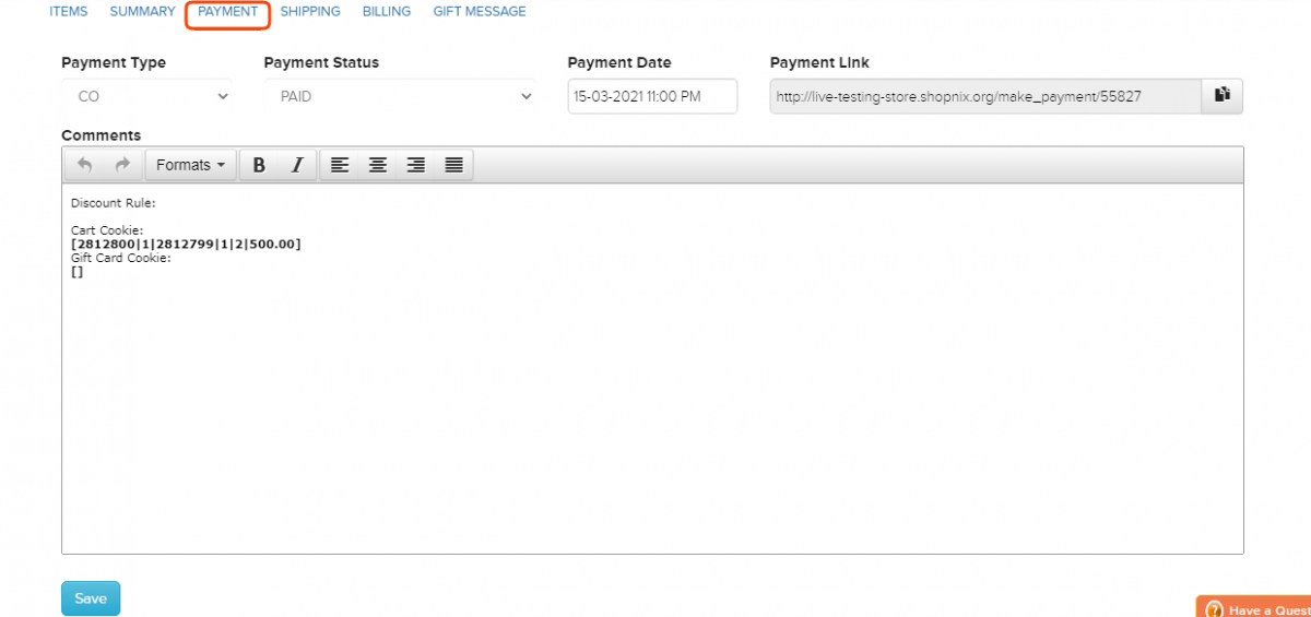 Order payment tab with payment type, status, date and a payment link to copy