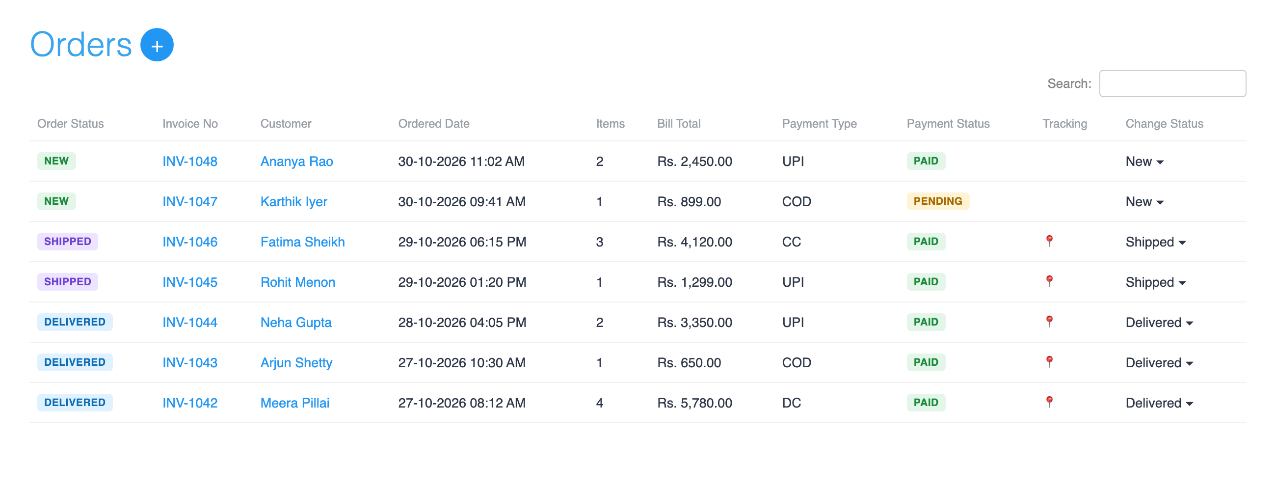 Orders list in Store Manager with order status, bill total, payment type such as UPI or COD, payment status and a Change Status column. Customer details are blurred