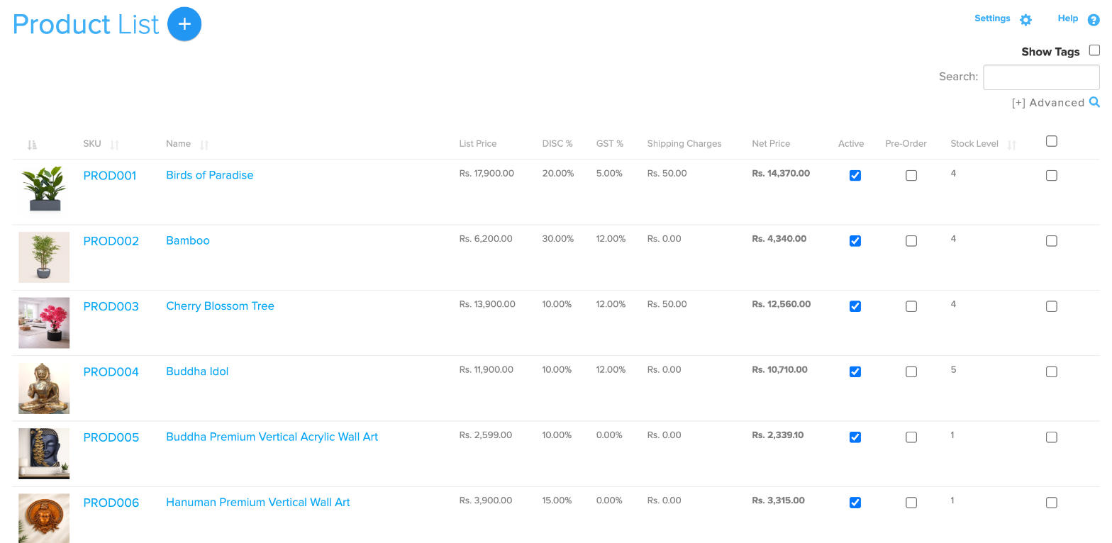 Product list in Store Manager with product photos, SKU, list price, discount, GST, shipping charge, net price, active and stock level