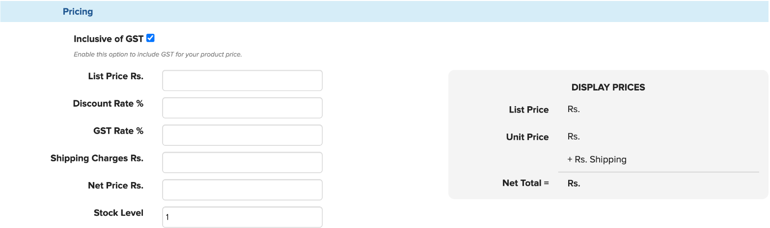 Pricing section of the Store Manager product form with an Inclusive of GST checkbox, GST Rate percent and display prices