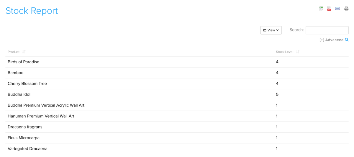 Stock report with every product's stock and export buttons