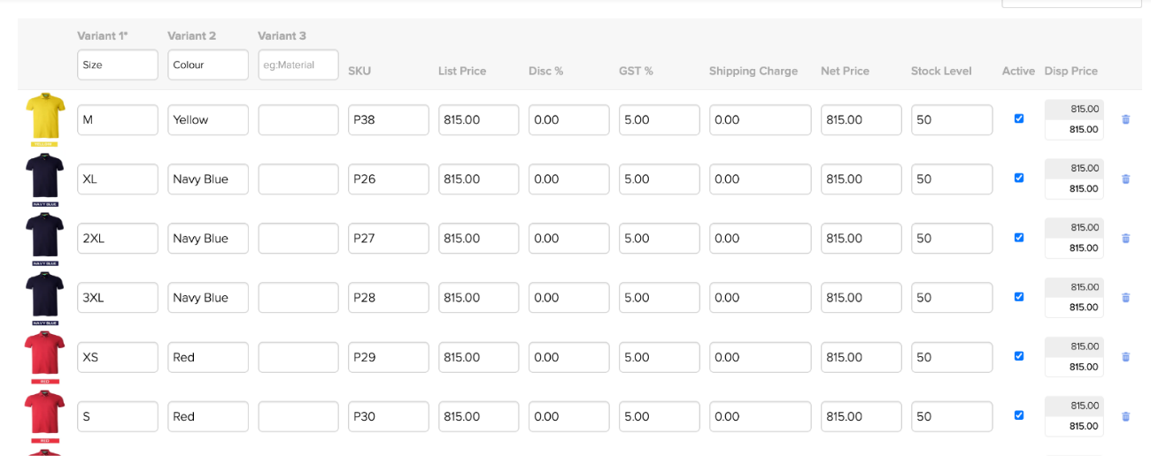 Variants table: size and colour on every row with SKU, list price, discount, GST, net price and stock