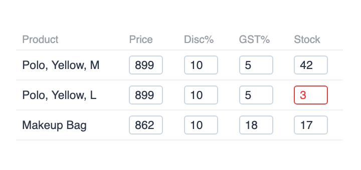 Inventory grid with price, discount, GST and stock fields for each product and variant (sample data)