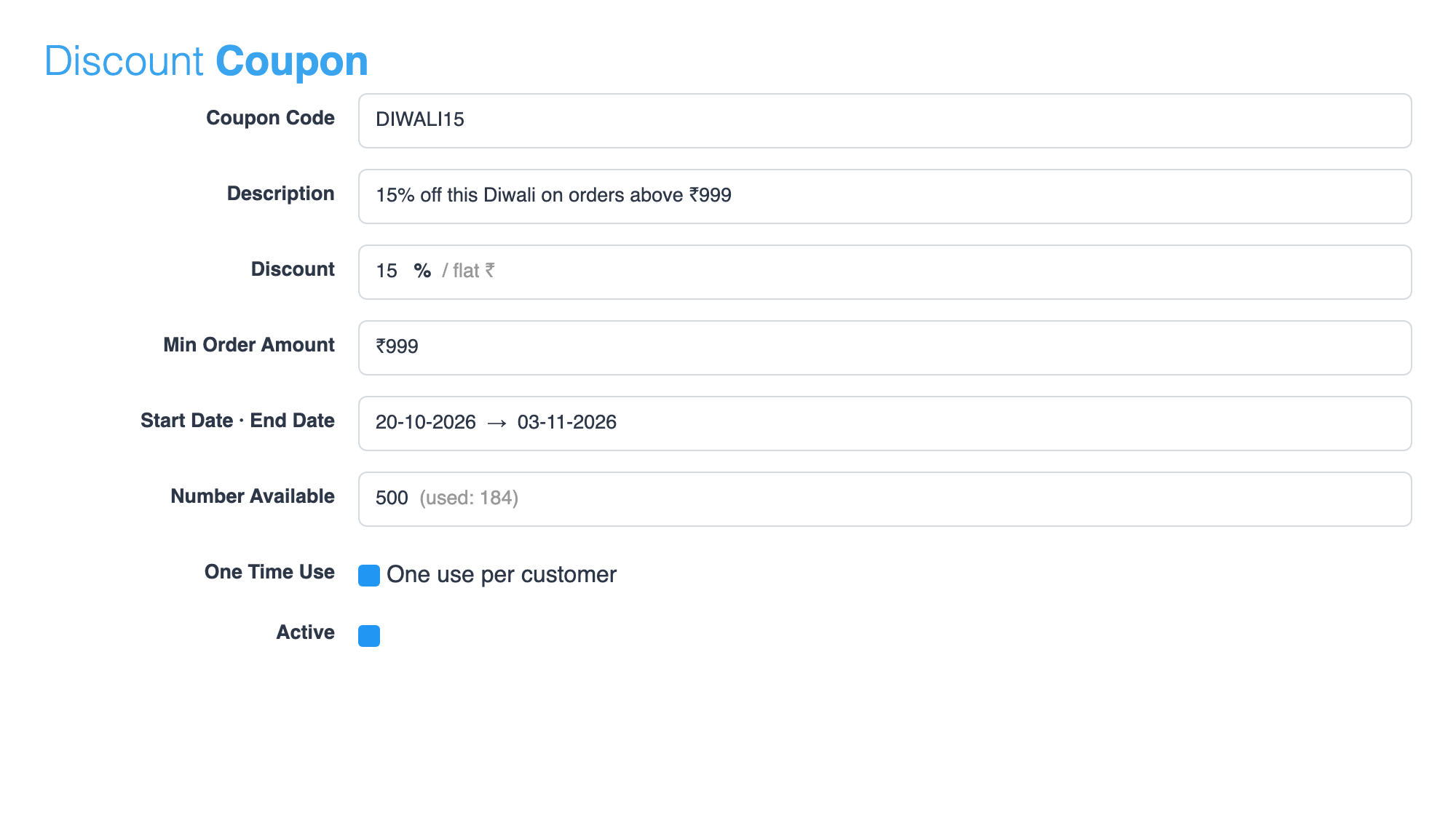 Coupon form with discount, minimum order, dates and one use per customer (sample data)