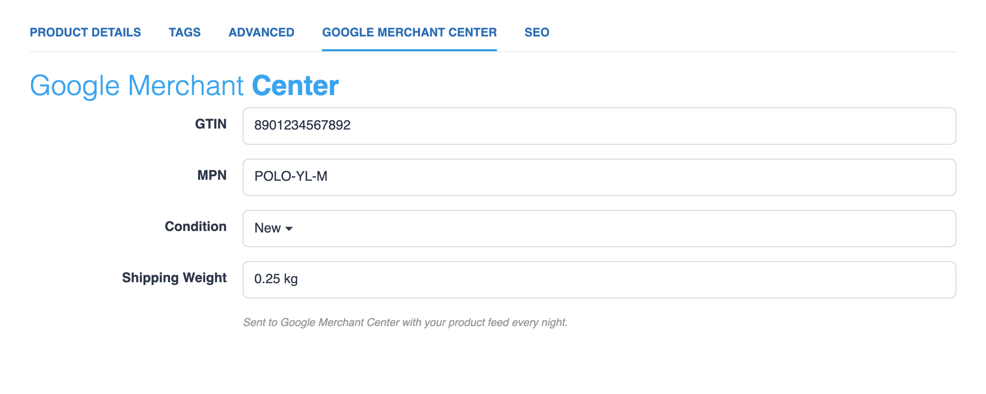 Google Merchant Center tab on a product with GTIN, MPN, condition and shipping weight (sample data)