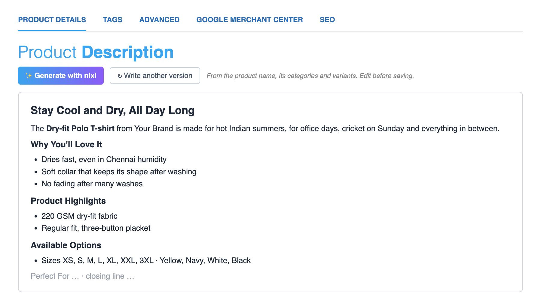 A product description written by nixi