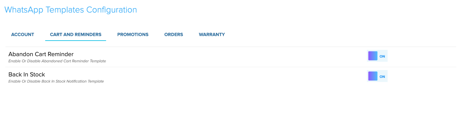 Cart and Reminders WhatsApp templates in Store Manager with Abandon Cart Reminder and Back In Stock switched on