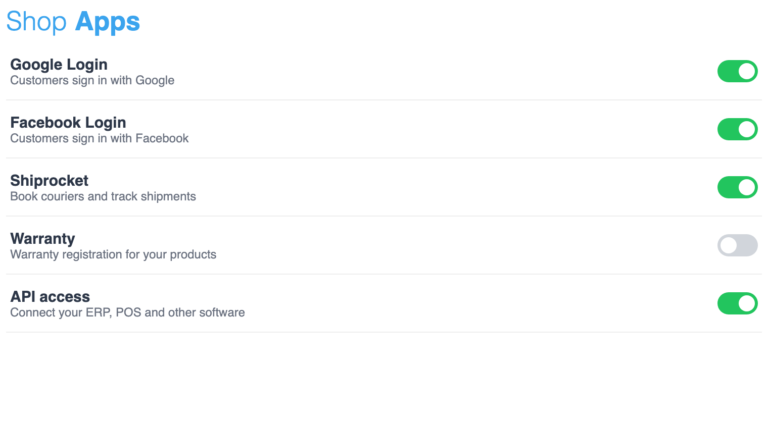 Shop Apps in Store Manager with switches for Google Login, Facebook Login, Shiprocket, Warranty and API access (sample data)