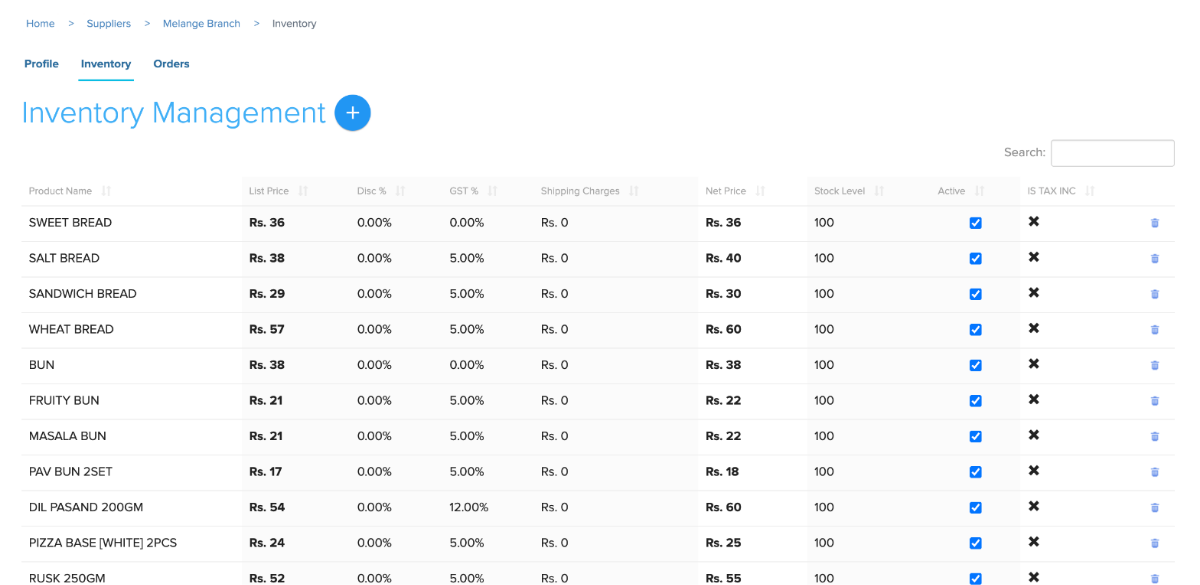 Store Manager inventory for one bakery branch, with list price, GST, net price and stock level for each product