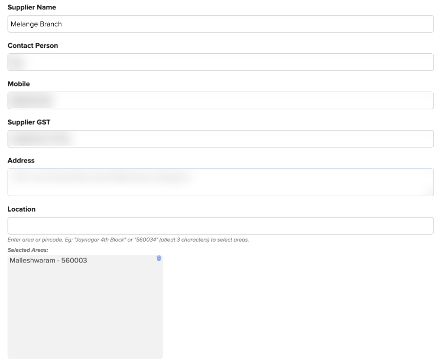 Store Manager seller profile with name, GST and address fields, and delivery areas selected by pincode