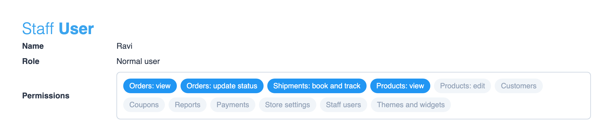 Staff user Ravi with permissions to view orders, update order status, book shipments and view products, and no access to customers, reports, payments or settings (sample data)