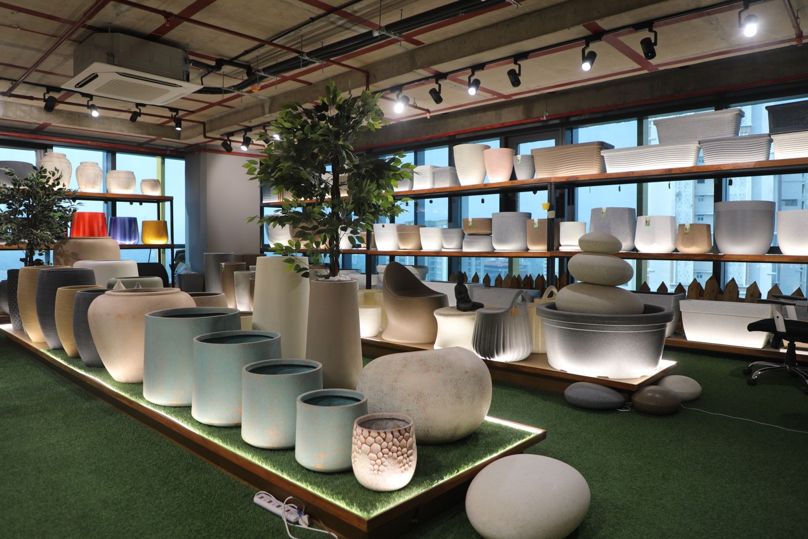 Showroom with designer planters on display