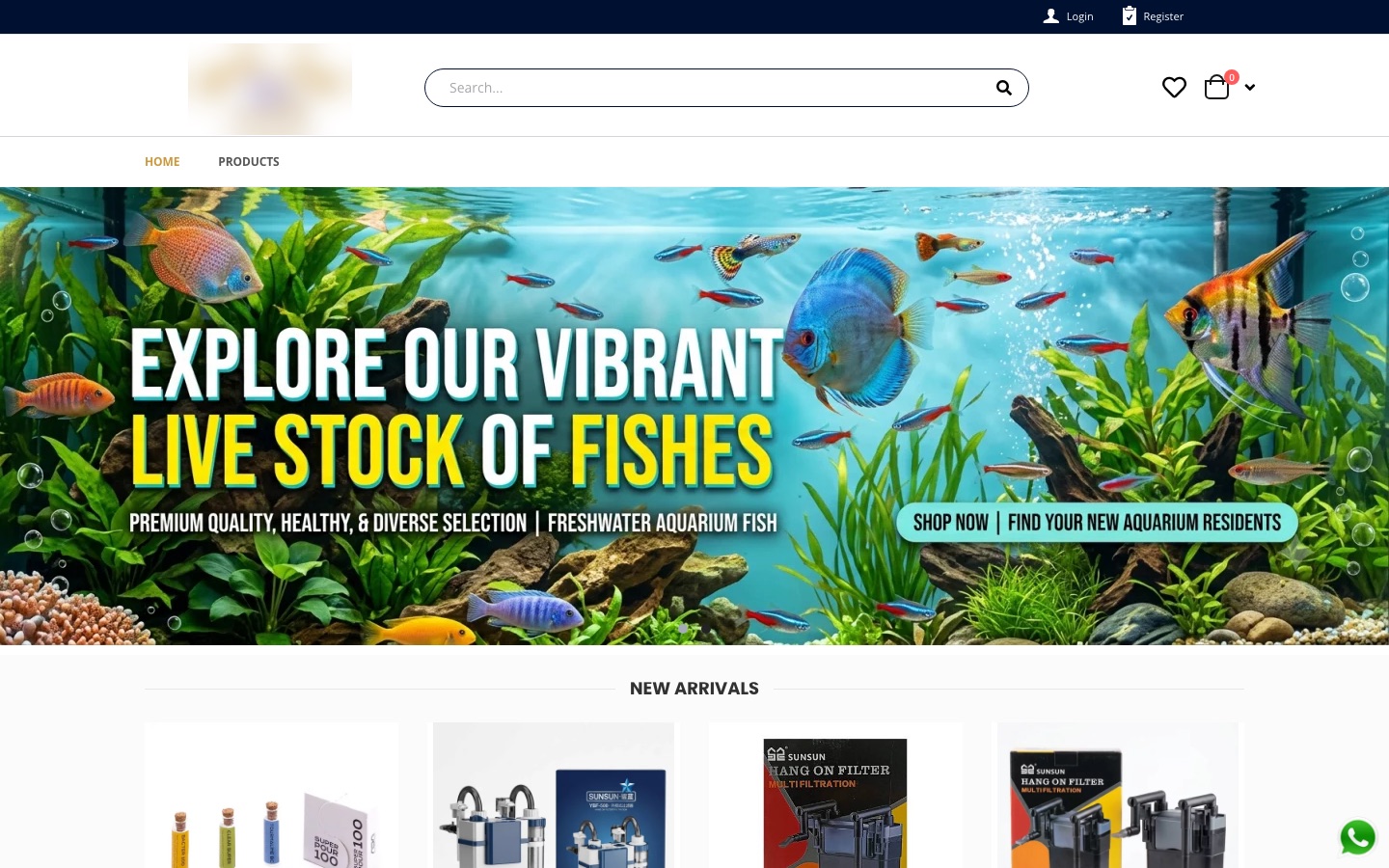 Home page of a Shopnix store selling aquarium fish and plants