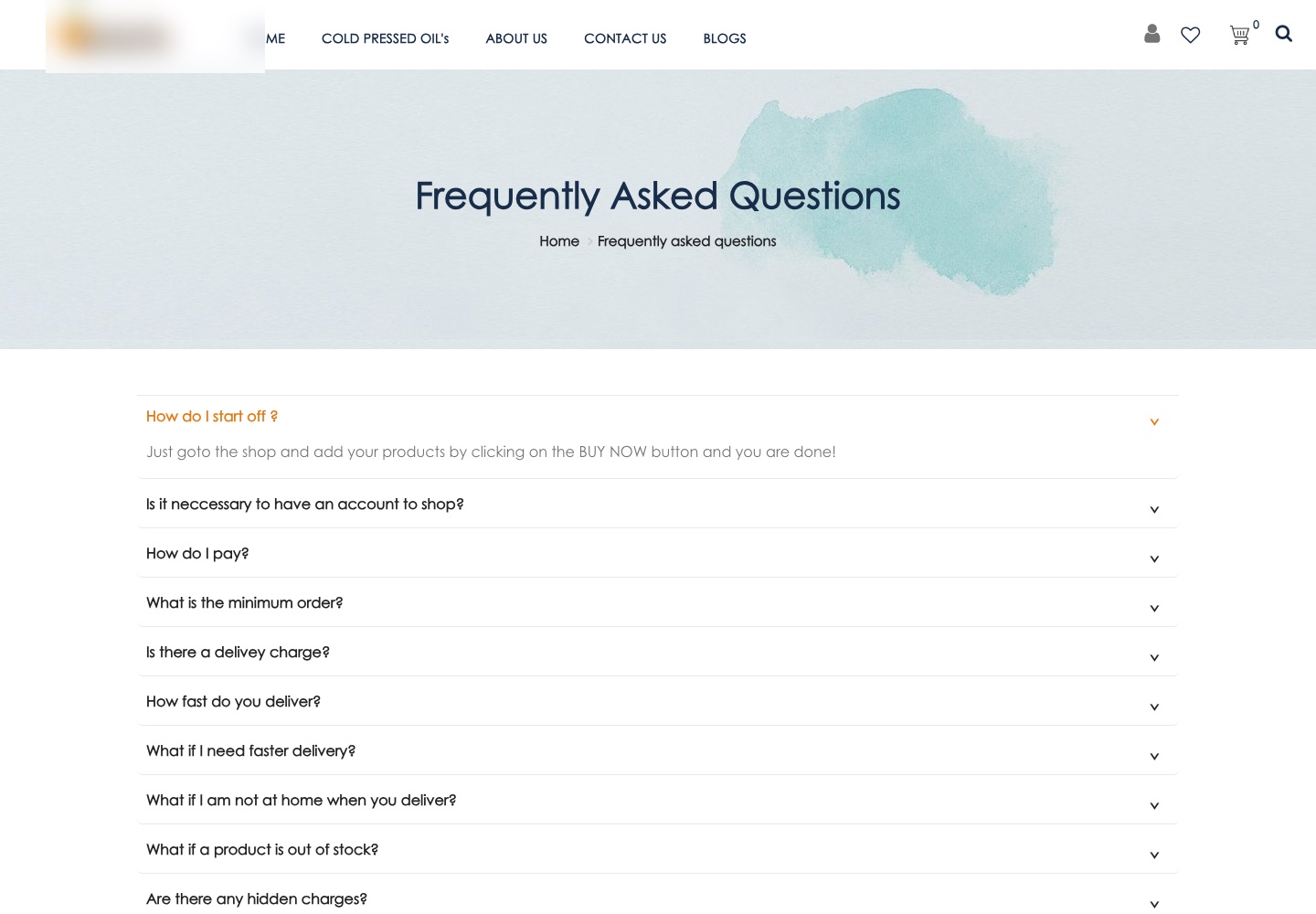 FAQ page of a Shopnix store selling cold-pressed oils