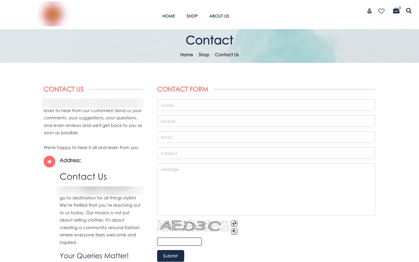 Contact page of a Shopnix store with a contact form, captcha and address section