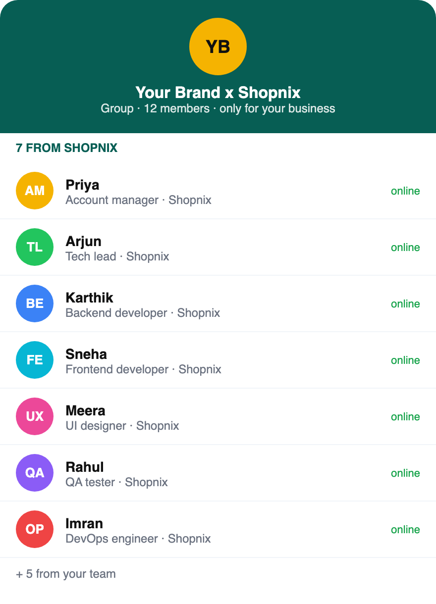 A private WhatsApp group with the Shopnix account manager, tech lead, developers, designer, tester and DevOps engineer