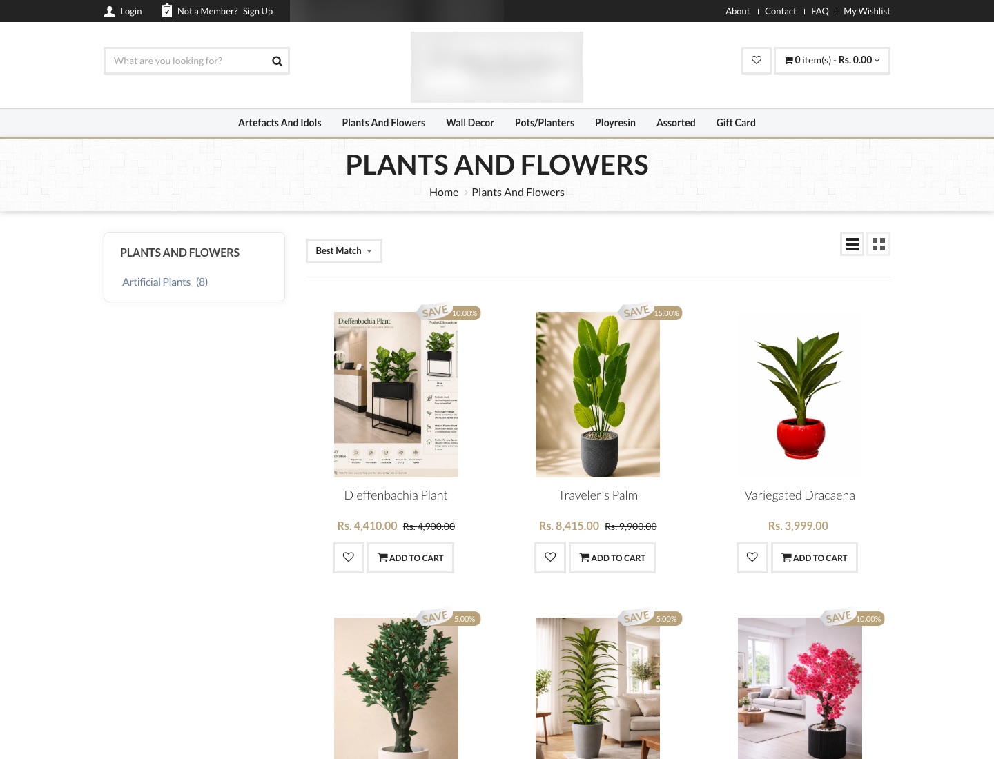 Category page of a Shopnix home decor store with a filter, sort options, discount badges and struck-through prices