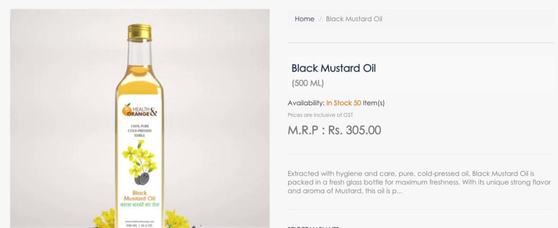 Product page of a Shopnix store selling cold-pressed mustard oil, showing Prices are inclusive of GST under the price