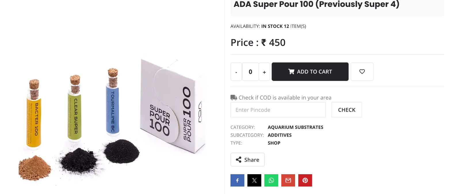 Product page of a Shopnix aquarium store with a Share button showing Facebook, X, WhatsApp, Gmail and Pinterest