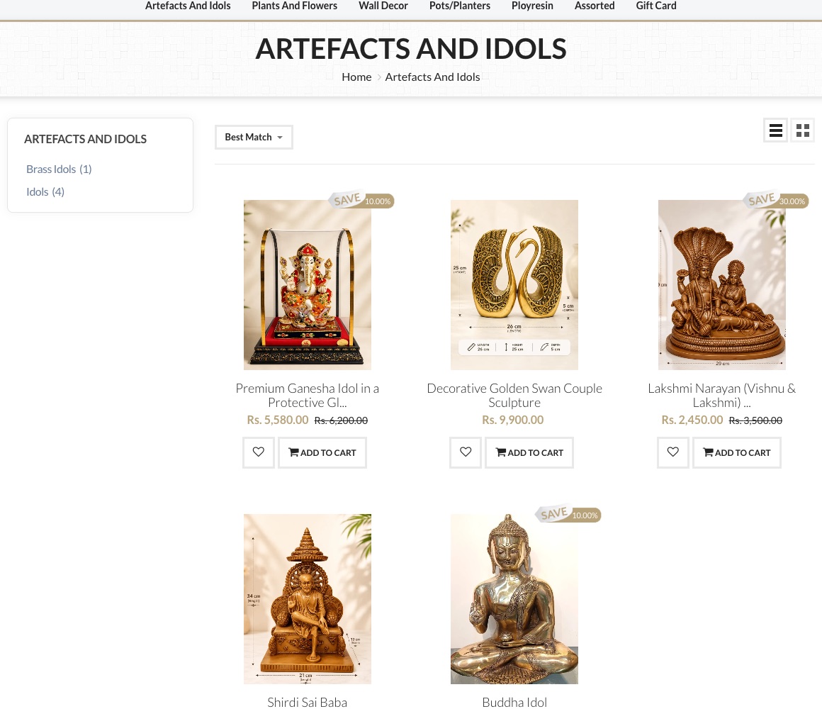 A home decor store's Artefacts and Idols category with sub-categories Brass Idols and Idols, and products with prices