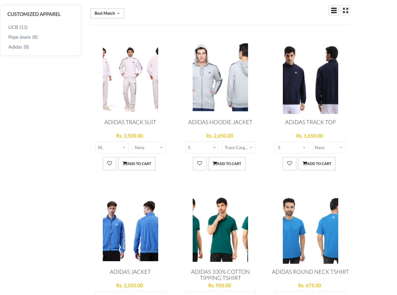 A store's apparel page with sub-categories and size and colour pickers on each product