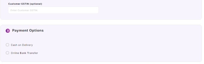 A real store checkout with a Customer GSTIN field and online bank transfer as a payment option