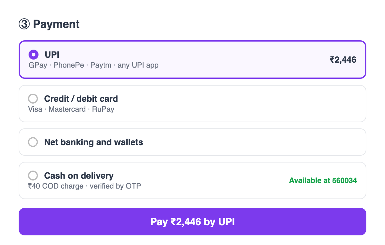 Checkout payment step with UPI, cards and COD (sample data)