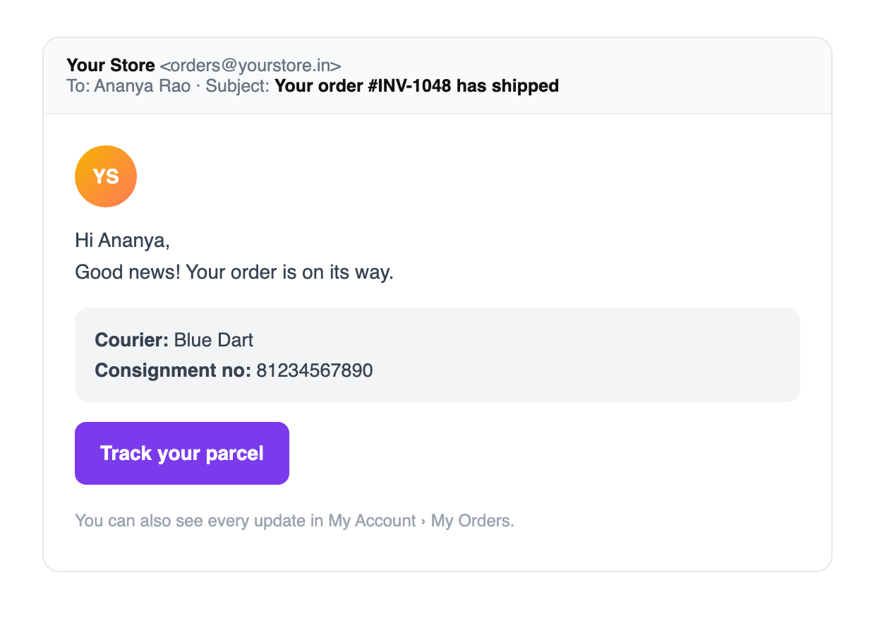 Shipped email to the customer with courier and tracking link (sample data)