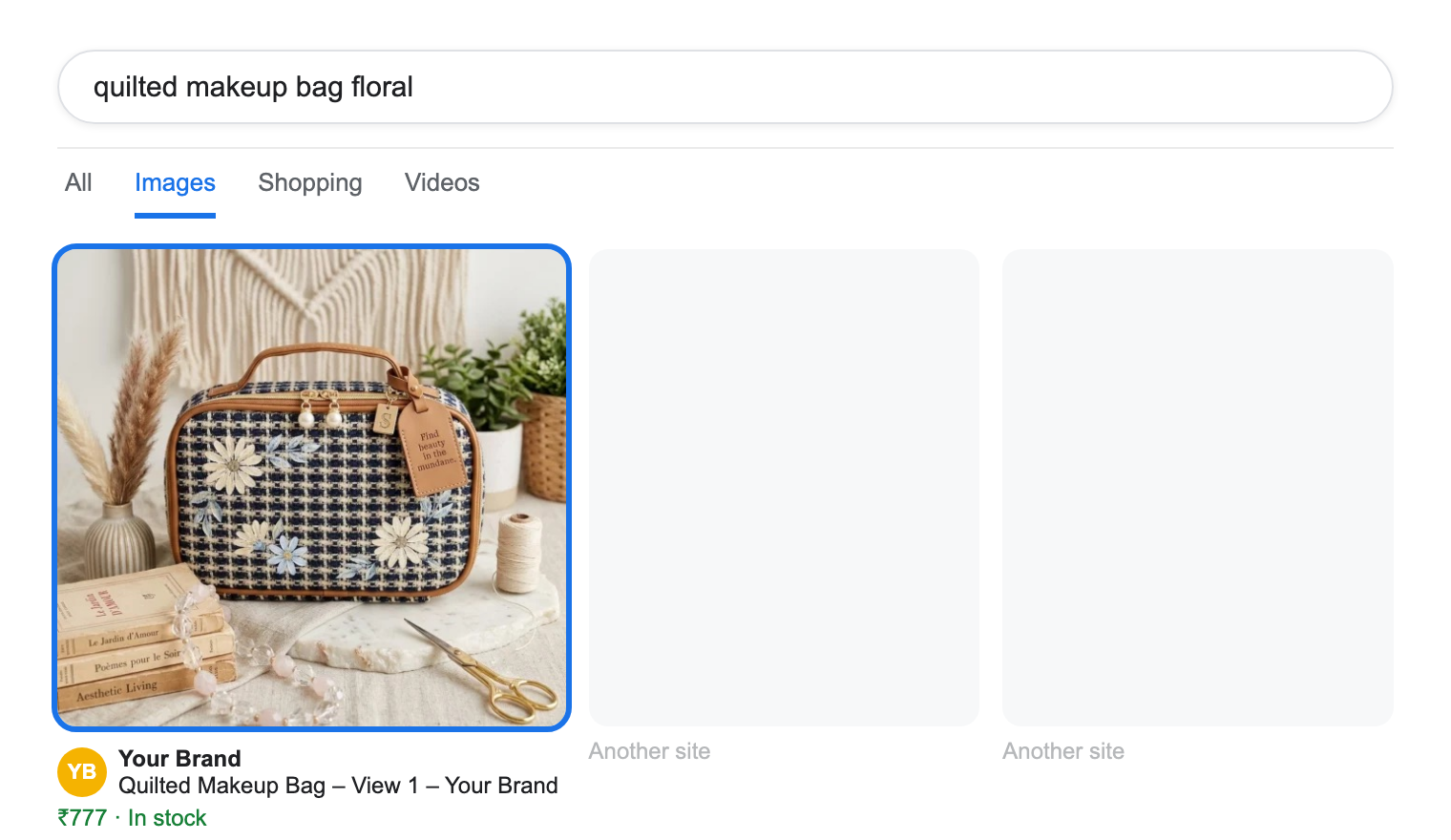 Example Google Images results for quilted makeup bag floral, with a store's product photo, its alt text, price and in stock