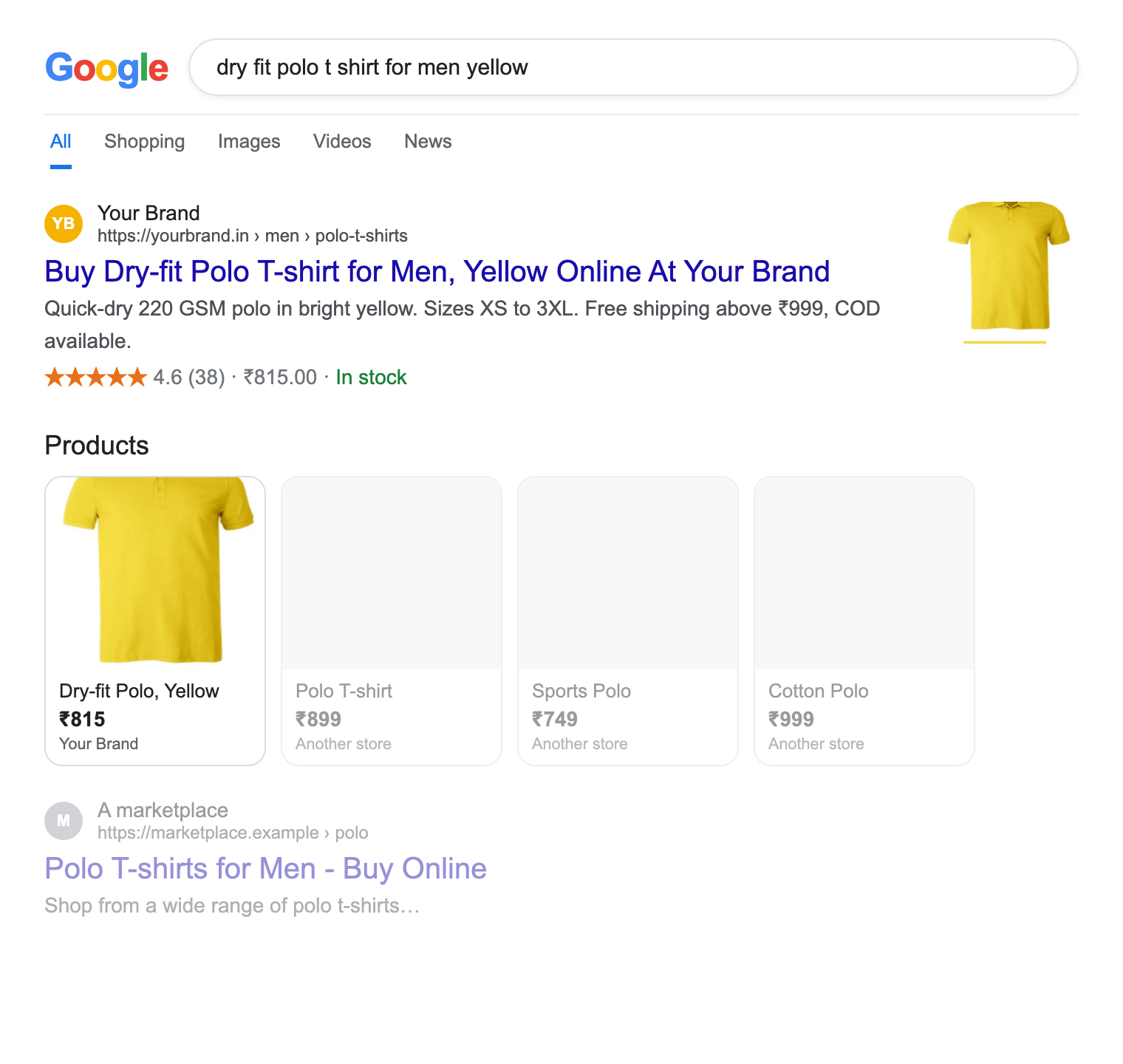Example Google results page for dry fit polo t shirt for men yellow: a store's result with breadcrumb, title, description, star rating, price and in stock, and its product in the Products row