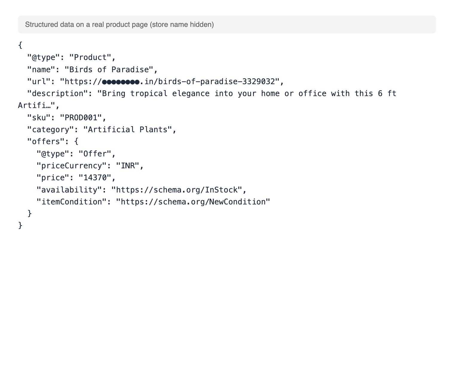 Product structured data from a real Shopnix store: name, URL, description, SKU, category, and an offer with INR price, in stock and new condition (store name hidden)