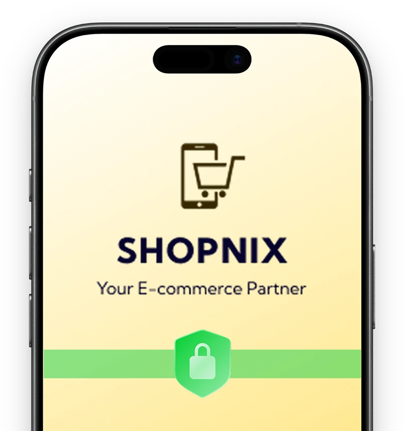 A phone showing the Shopnix logo with a security shield
