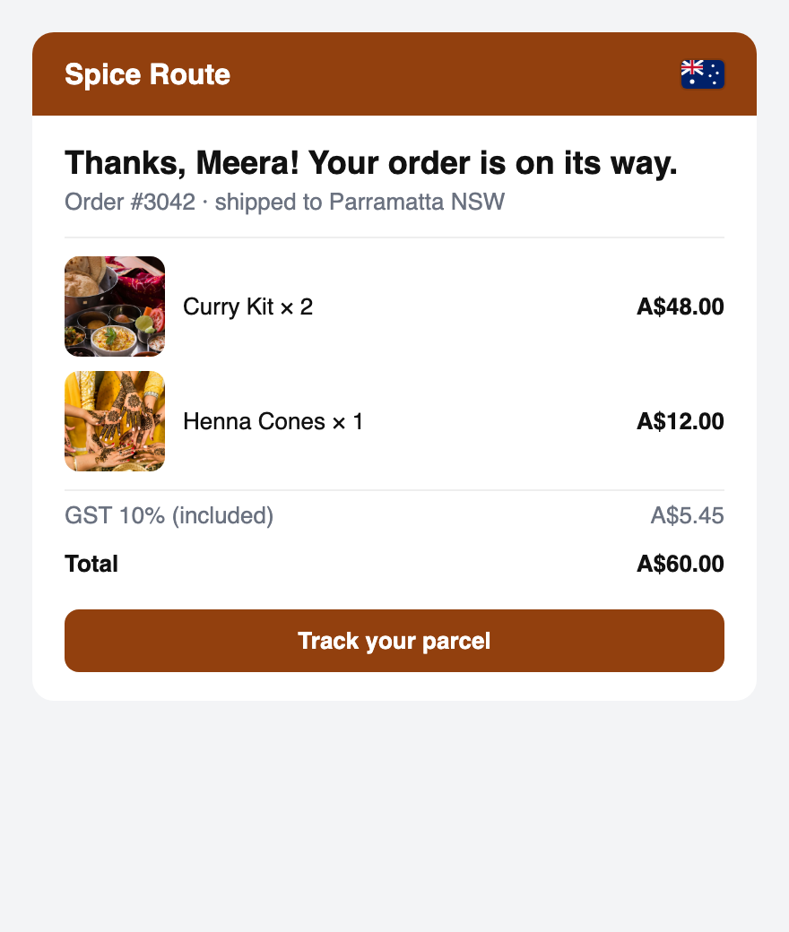 Example order email in Australian dollars with GST 10 percent and a tracking button
