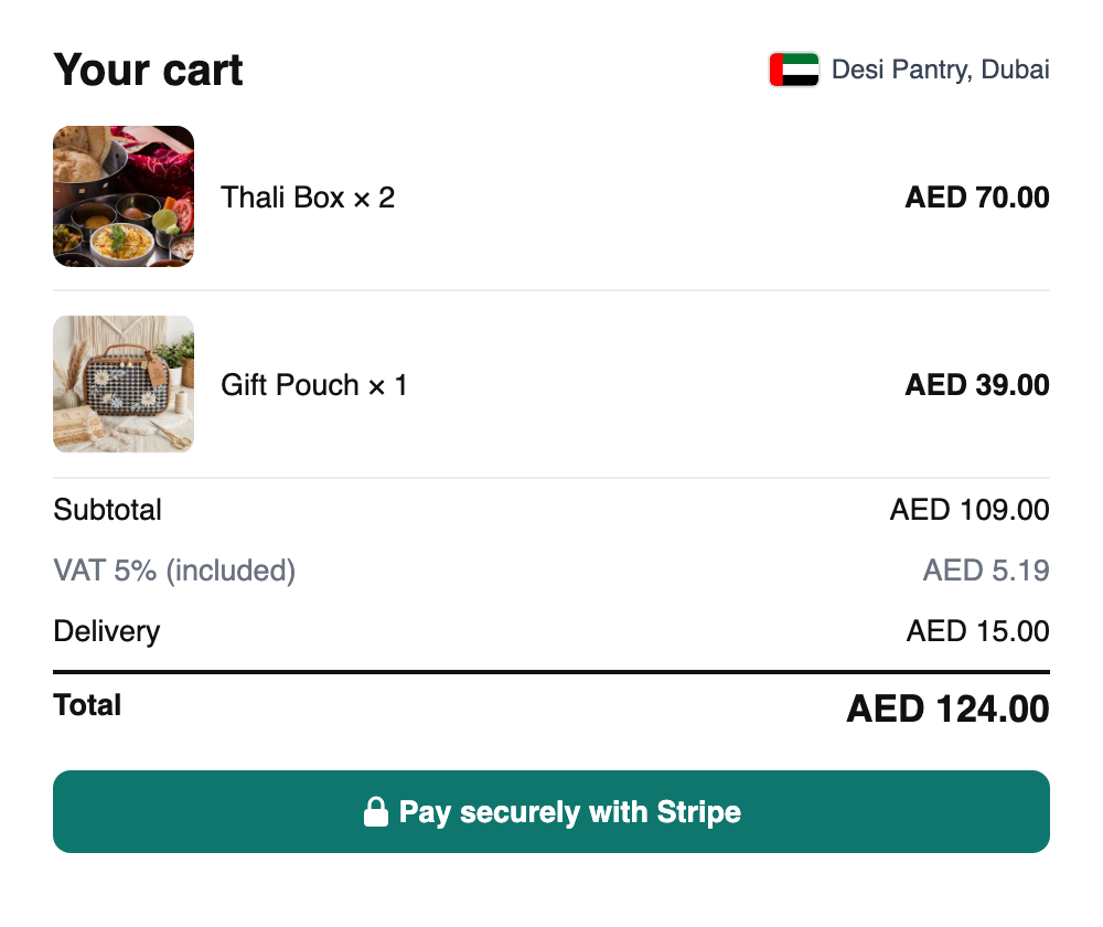 Example cart in UAE dirhams with VAT 5 percent and a Stripe pay button