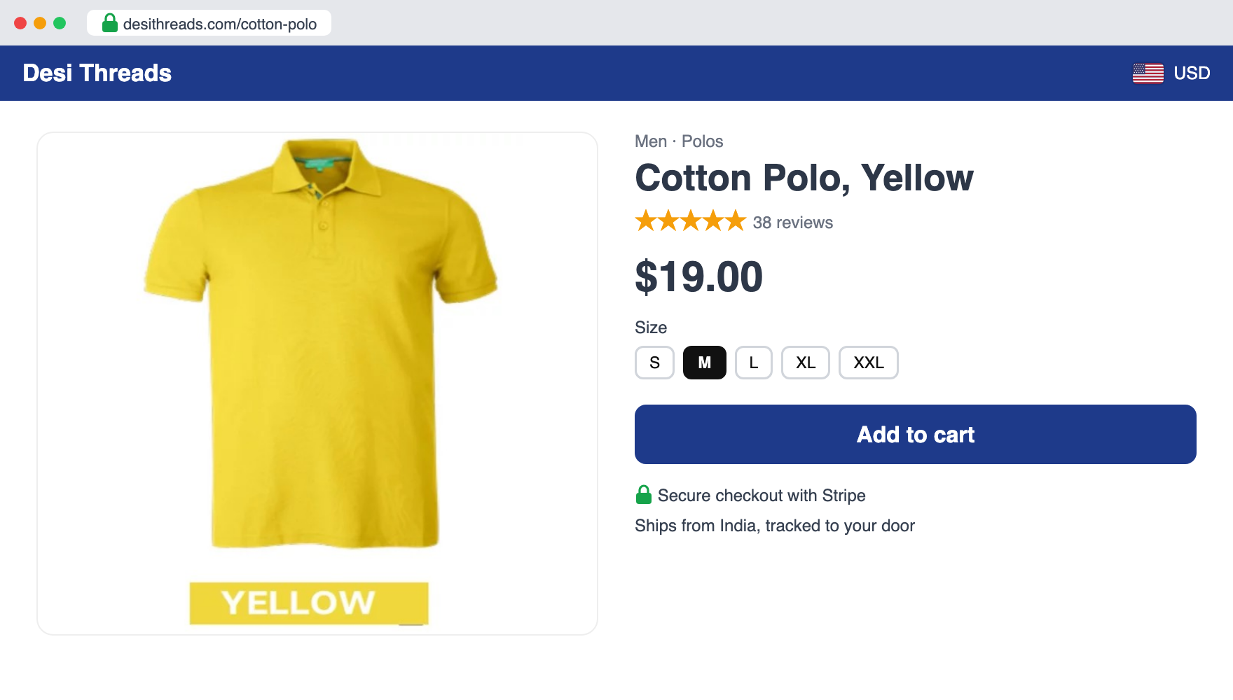 Example US store product page for a cotton polo at 19 dollars with sizes and a secure Stripe checkout